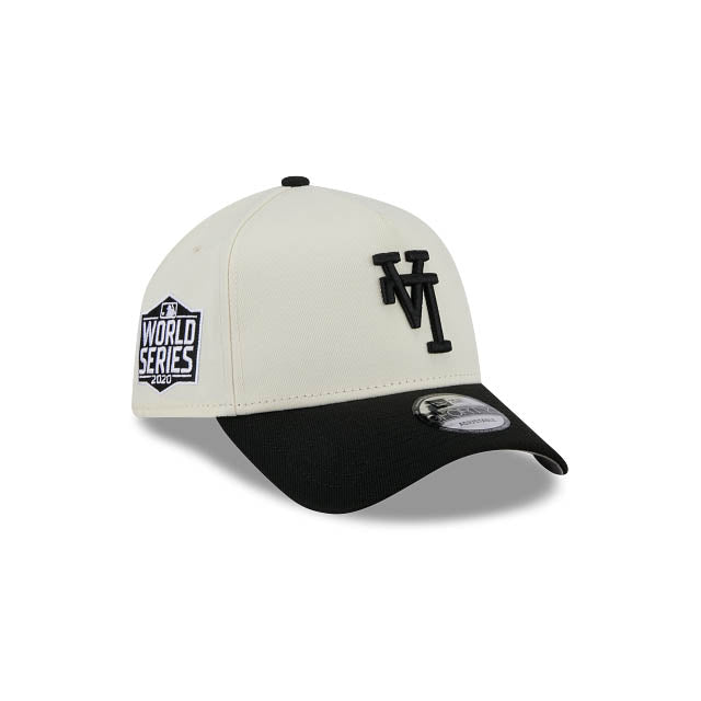 Los Angeles Dodgers New Era MLB 9FORTY 940 Adjustable A-Frame Cap Hat Cream Crown Black Visor Black Upside Down Logo 2020 World Series Side Patch