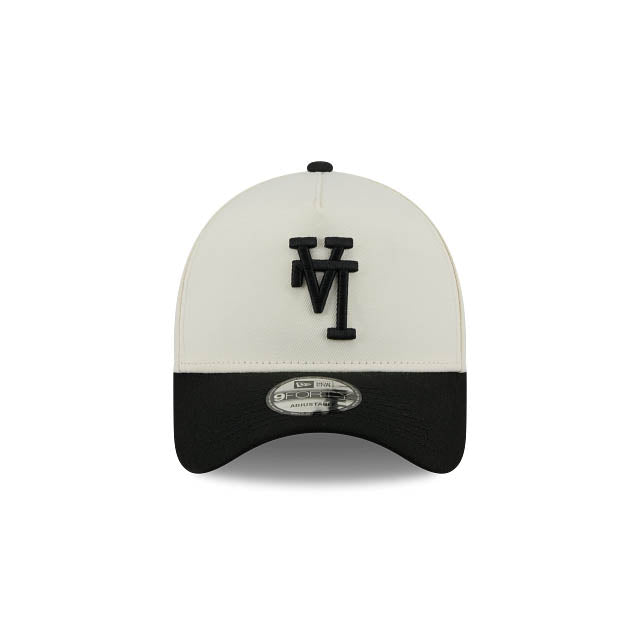 Los Angeles Dodgers New Era MLB 9FORTY 940 Adjustable A-Frame Cap Hat Cream Crown Black Visor Black Upside Down Logo 2020 World Series Side Patch