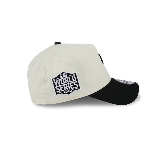 Los Angeles Dodgers New Era MLB 9FORTY 940 Adjustable A-Frame Cap Hat Cream Crown Black Visor Black Upside Down Logo 2020 World Series Side Patch