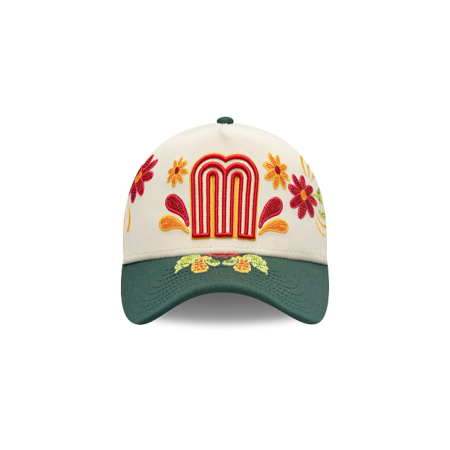 Mexico New Era 9FORTY 940 Adjustable A-Frame Cap Hat Chrome White Crown Dark Green Visor Red/White/Yellow Logo (Latin Heritage)