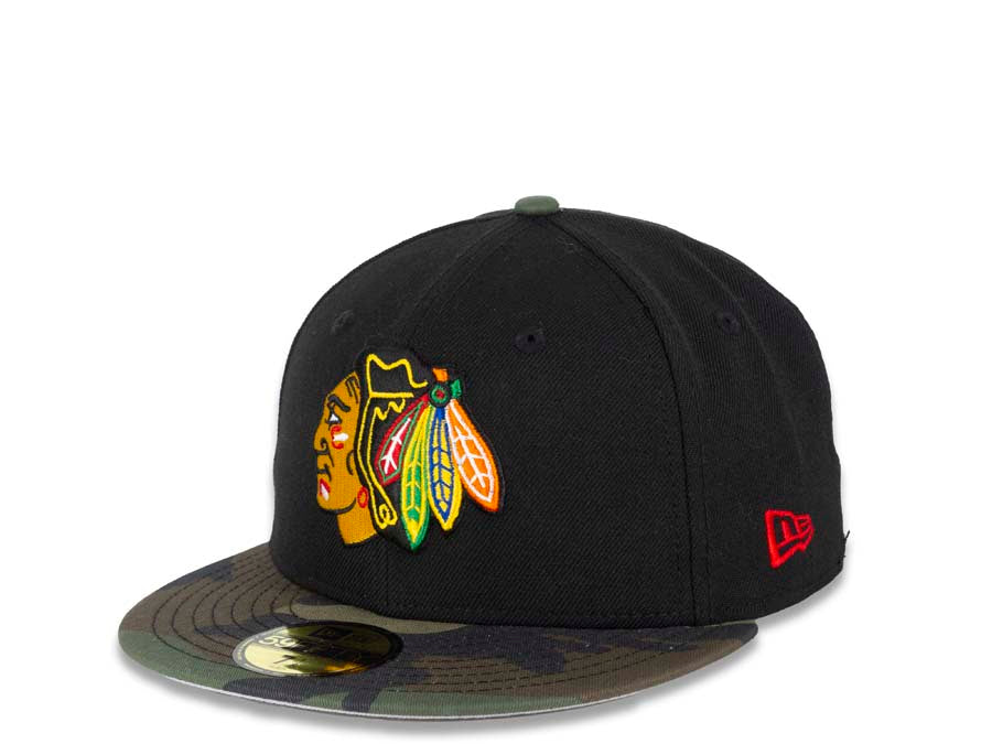 Chicago Blackhawks New Era NHL 59FIFTY 5950 Fitted Cap Hat Black Crown Camo Visor Team Color Logo