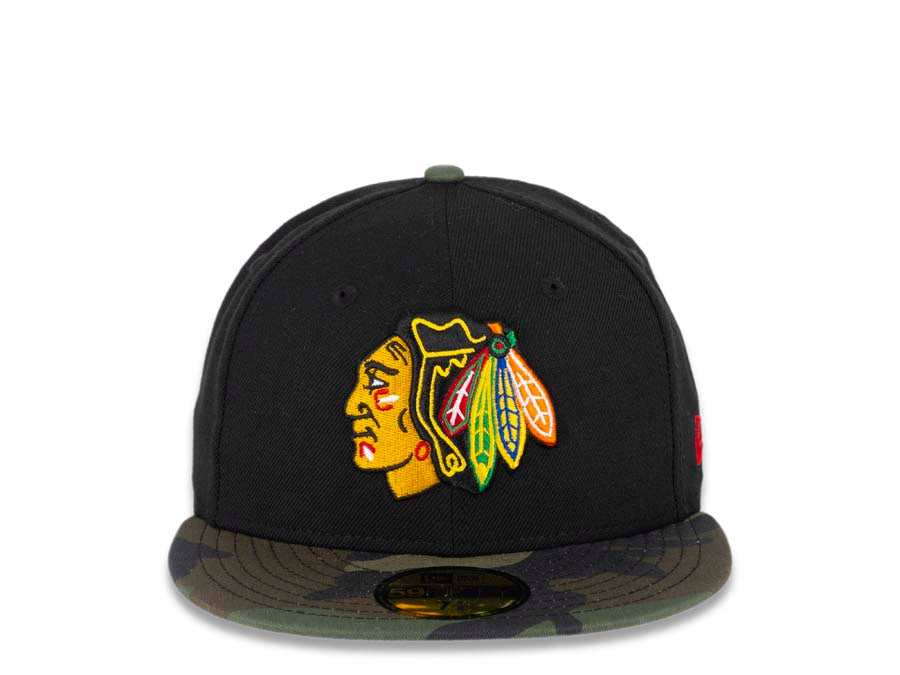 Chicago Blackhawks New Era NHL 59FIFTY 5950 Fitted Cap Hat Black Crown Camo Visor Team Color Logo