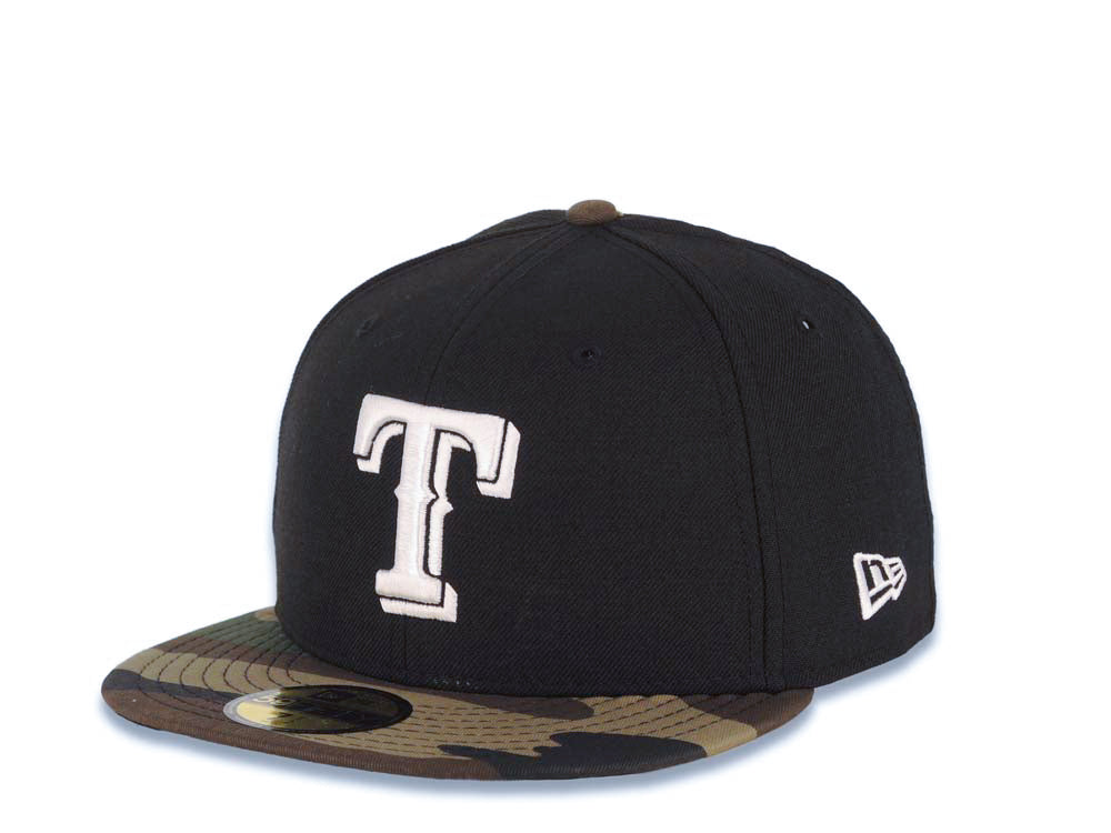 Texas Rangers New Era MLB 59FIFTY 5950 Fitted Cap Hat Black Crown Camo Visor White Logo