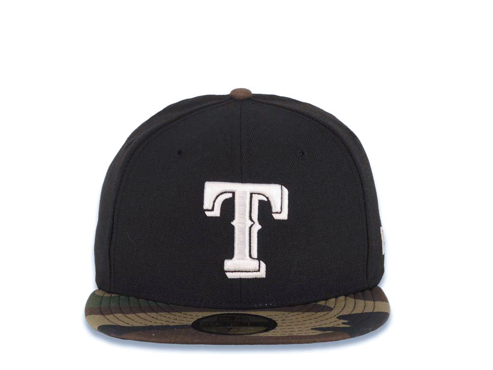 Texas Rangers New Era MLB 59FIFTY 5950 Fitted Cap Hat Black Crown Camo Visor White Logo