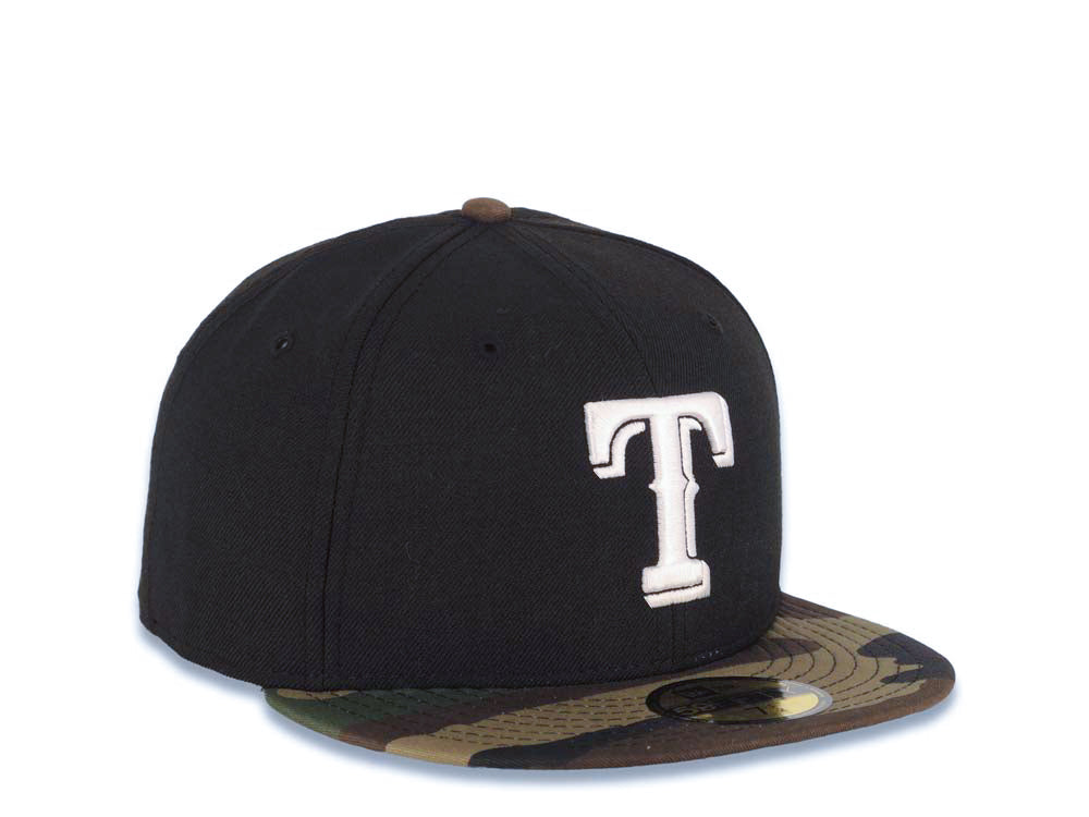 Texas Rangers New Era MLB 59FIFTY 5950 Fitted Cap Hat Black Crown Camo Visor White Logo