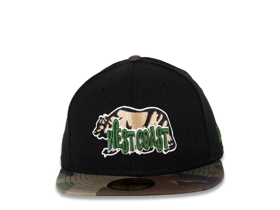 West Coast Bear New Era 59FIFTY 5950 Fitted Cap Hat Black Crown Camo Visor Beige/Black/Green/White Bear Logo