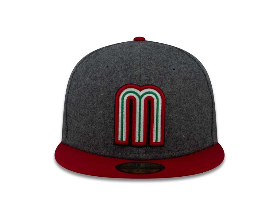 Mexico New Era WBC 59FIFTY 5950 Fitted Cap Hat Melton Dark Gray Crown Red Visor Team Color Logo