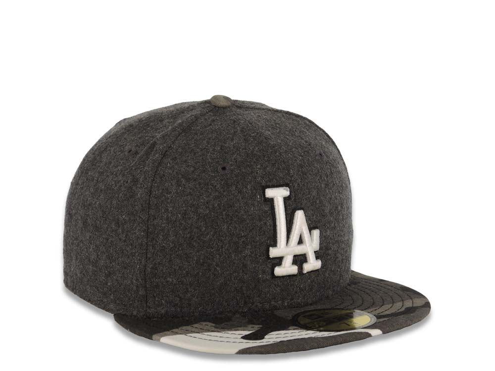 Los Angeles Dodgers New Era MLB 59FIFTY 5950 Fitted Melton Cap Hat Dark Gray Crown Desert Camo Visor White/Black Logo