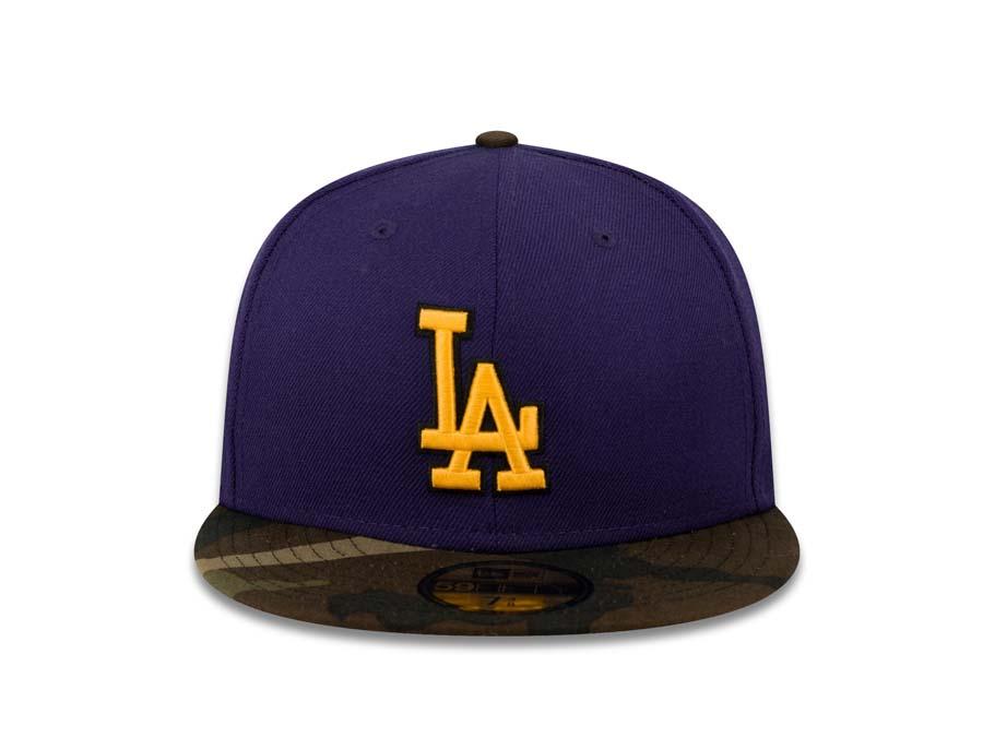 Los Angeles Dodgers New Era MLB 59FIFTY 5950 Fitted Cap Hat Purple Crown Camo Visor Yellow/Black Logo