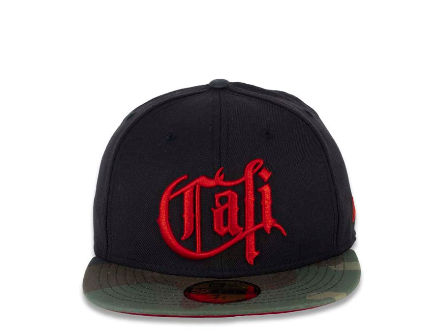 CALI CALIfornia New Era 59FIFTY 5950 Fitted Cap Hat Black Crown Camo Visor Red Old English Script Logo