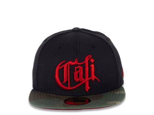 CALI CALIfornia New Era 59FIFTY 5950 Fitted Cap Hat Black Crown Camo Visor Red Old English Script Logo