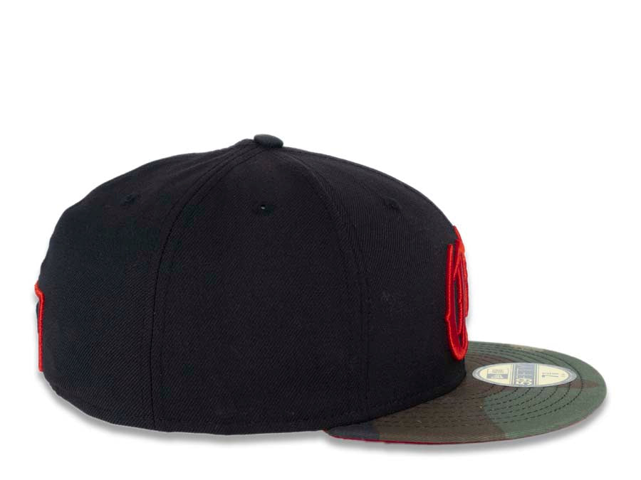 CALI CALIfornia New Era 59FIFTY 5950 Fitted Cap Hat Black Crown Camo Visor Red Old English Script Logo