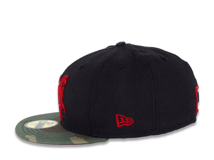 CALI CALIfornia New Era 59FIFTY 5950 Fitted Cap Hat Black Crown Camo Visor Red Old English Script Logo