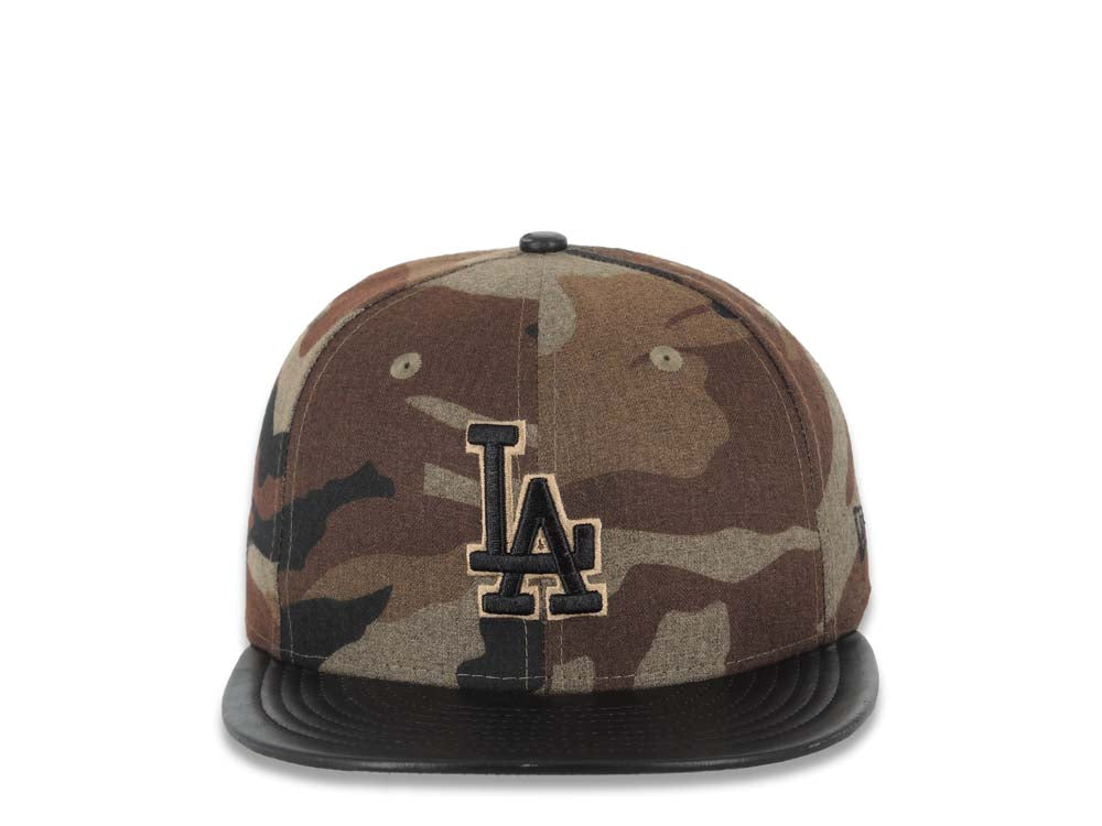 Los Angeles Dodgers New Era MLB 59FIFTY 5950 Fitted Cap Hat Camo Crown Black Leather Visor Black Logo (Wooly Camo)