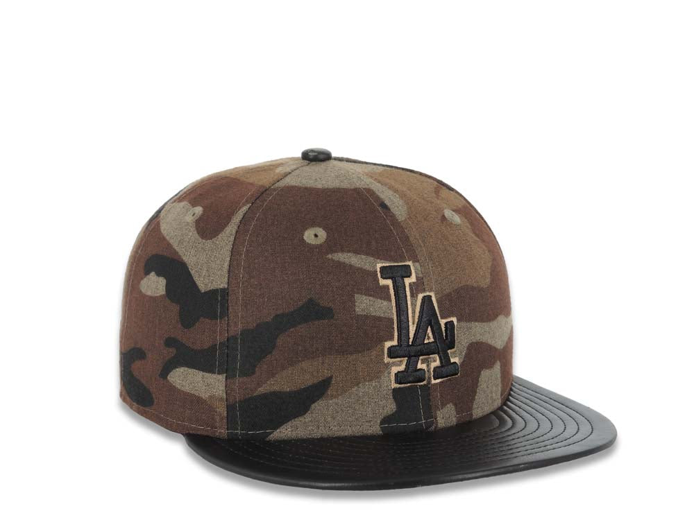 Los Angeles Dodgers New Era MLB 59FIFTY 5950 Fitted Cap Hat Camo Crown Black Leather Visor Black Logo (Wooly Camo)