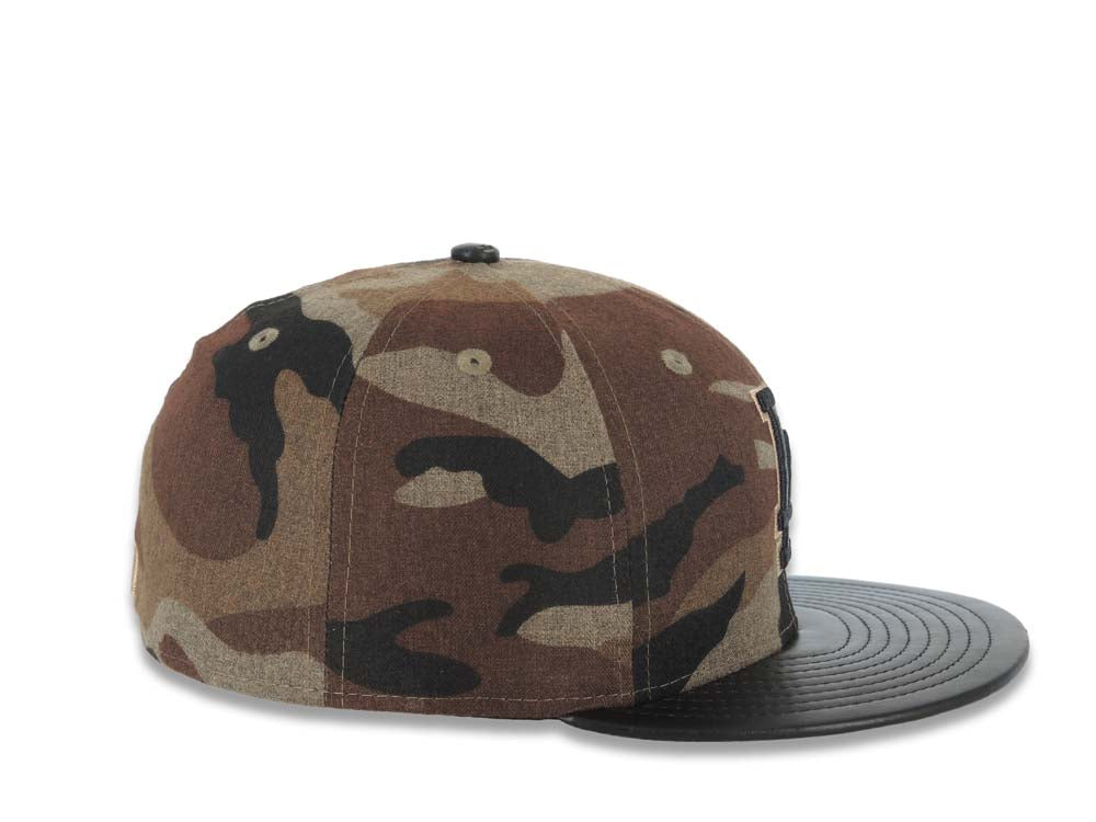 Los Angeles Dodgers New Era MLB 59FIFTY 5950 Fitted Cap Hat Camo Crown Black Leather Visor Black Logo (Wooly Camo)