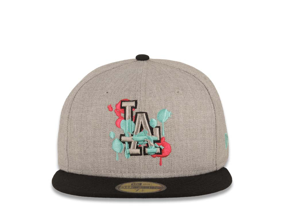 Los Angeles Dodgers New Era MLB 59FIFTY 5950 Fitted Cap Hat Heather Gray Crown Black Visor Gray/Teal/Magenta Splatter Logo