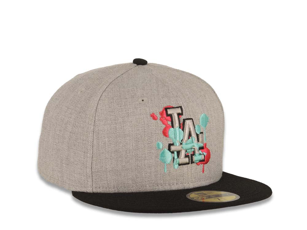 Los Angeles Dodgers New Era MLB 59FIFTY 5950 Fitted Cap Hat Heather Gray Crown Black Visor Gray/Teal/Magenta Splatter Logo