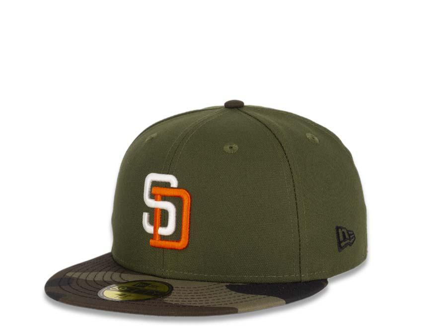 San Diego Padres New Era MLB 59Fifty 5950 Fitted Cap Hat Green Crown Camo Visor White/Orange Logo Black UV