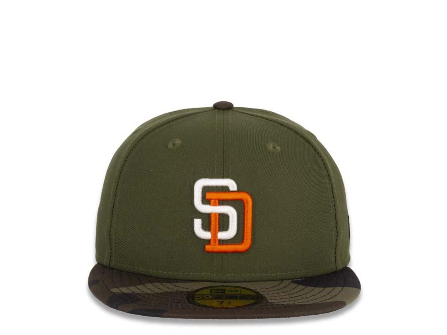 San Diego Padres New Era MLB 59Fifty 5950 Fitted Cap Hat Green Crown Camo Visor White/Orange Logo Black UV