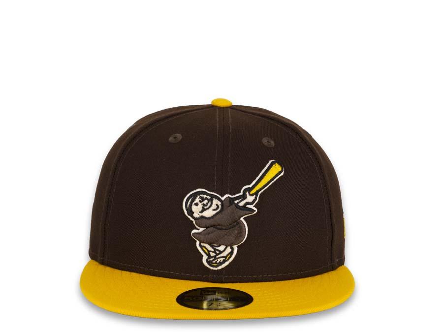 San Diego Padres New Era MLB 59Fifty 5950 Fitted Cap Hat Dark Brown Crown Yellow Visor Dark Brown/White/Yellow Friar Logo Black UV