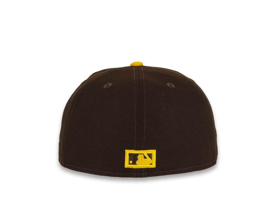 San Diego Padres New Era MLB 59Fifty 5950 Fitted Cap Hat Dark Brown Crown Yellow Visor Dark Brown/White/Yellow Friar Logo Black UV