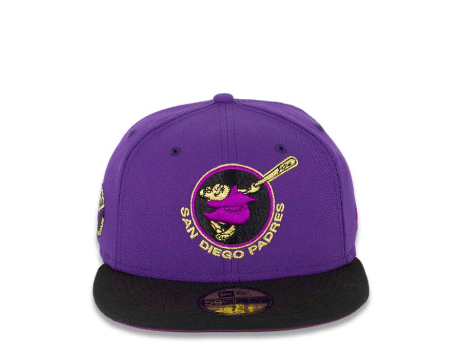 San Diego Padres New Era MLB 59FIFTY 5950 Fitted Cap Hat Dark Purple Crown Black Visor Dark Purple/Metallic Gold/Black “Swinging Friar” Logo 1978 All-Star Game Side Patch Plum UV