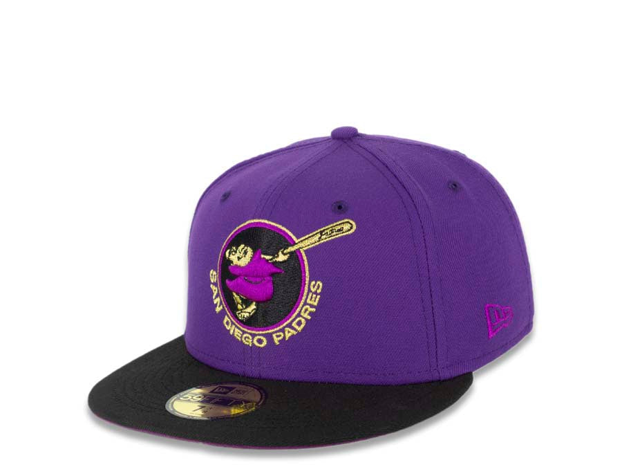 San Diego Padres New Era MLB 59FIFTY 5950 Fitted Cap Hat Dark Purple Crown Black Visor Dark Purple/Metallic Gold/Black “Swinging Friar” Logo 1978 All-Star Game Side Patch Plum UV
