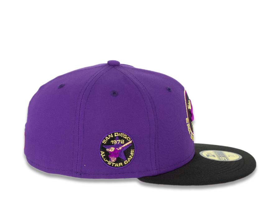 San Diego Padres New Era MLB 59FIFTY 5950 Fitted Cap Hat Dark Purple Crown Black Visor Dark Purple/Metallic Gold/Black “Swinging Friar” Logo 1978 All-Star Game Side Patch Plum UV