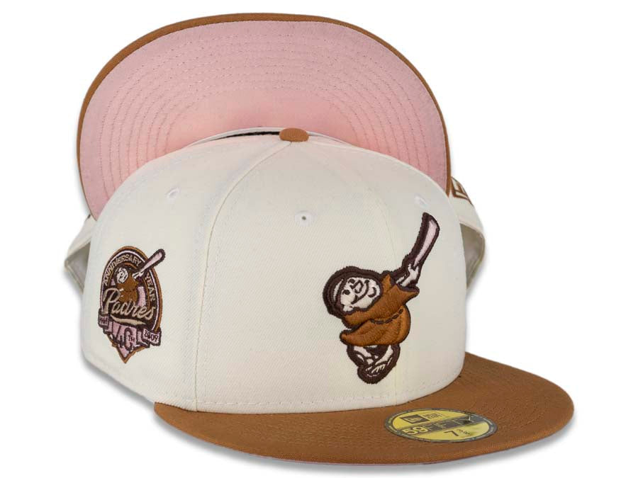 San Diego Padres New Era MLB 59FIFTY 5950 Fitted Cap Hat Cream Crown Light Bronze Visor Bronze/Pink Swinging Friar Logo 40th Anniversary Side Patch