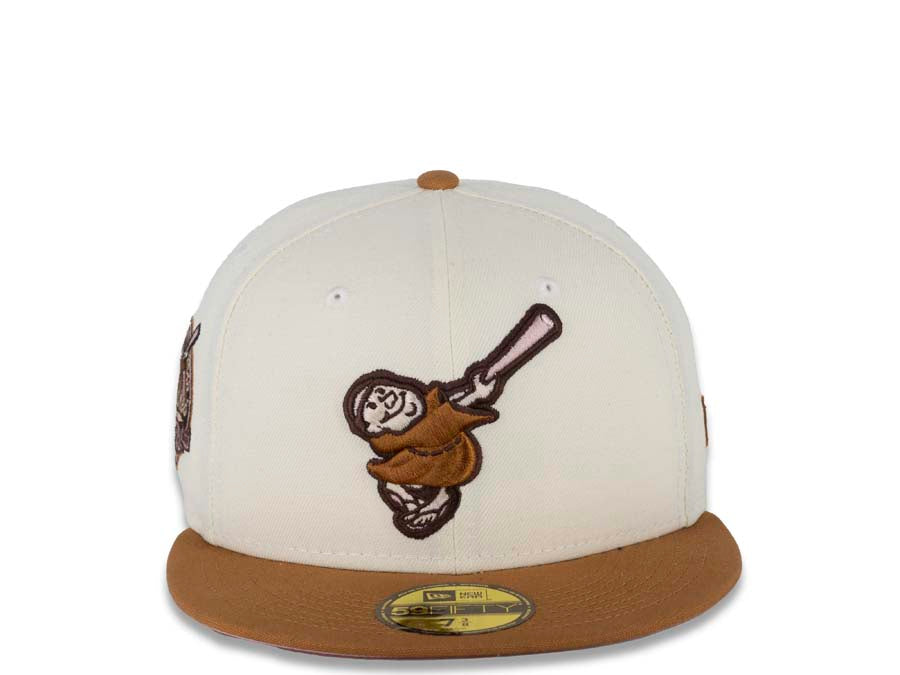 San Diego Padres New Era MLB 59FIFTY 5950 Fitted Cap Hat Cream Crown Light Bronze Visor Bronze/Pink Swinging Friar Logo 40th Anniversary Side Patch