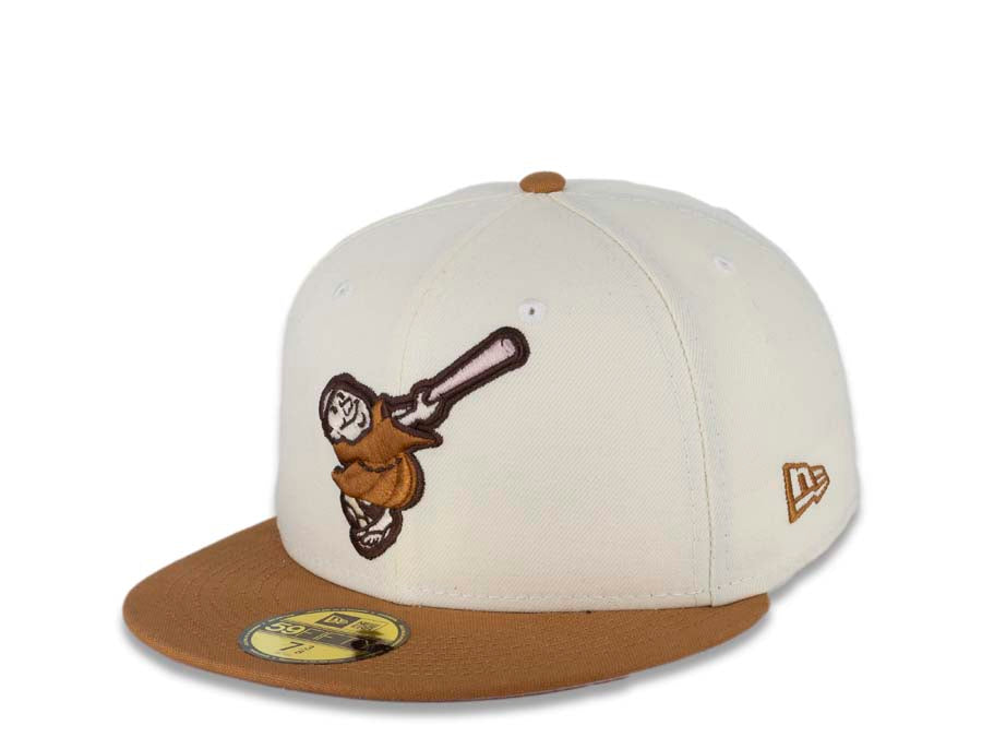 San Diego Padres New Era MLB 59FIFTY 5950 Fitted Cap Hat Cream Crown Light Bronze Visor Bronze/Pink Swinging Friar Logo 40th Anniversary Side Patch