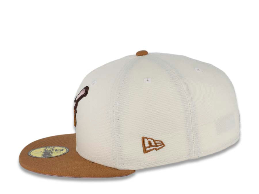 San Diego Padres New Era MLB 59FIFTY 5950 Fitted Cap Hat Cream Crown Light Bronze Visor Bronze/Pink Swinging Friar Logo 40th Anniversary Side Patch