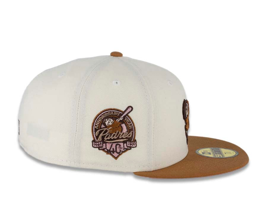 San Diego Padres New Era MLB 59FIFTY 5950 Fitted Cap Hat Cream Crown Light Bronze Visor Bronze/Pink Swinging Friar Logo 40th Anniversary Side Patch