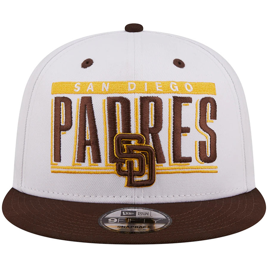 San Diego Padres New Era MLB 9FIFTY 950 Snapback Cap Hat White Crown Brown Visor Team Color Retro Tile Logo with Friar Side Patch