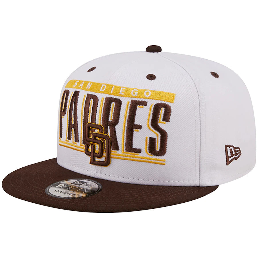 San Diego Padres New Era MLB 9FIFTY 950 Snapback Cap Hat White Crown Brown Visor Team Color Retro Tile Logo with Friar Side Patch