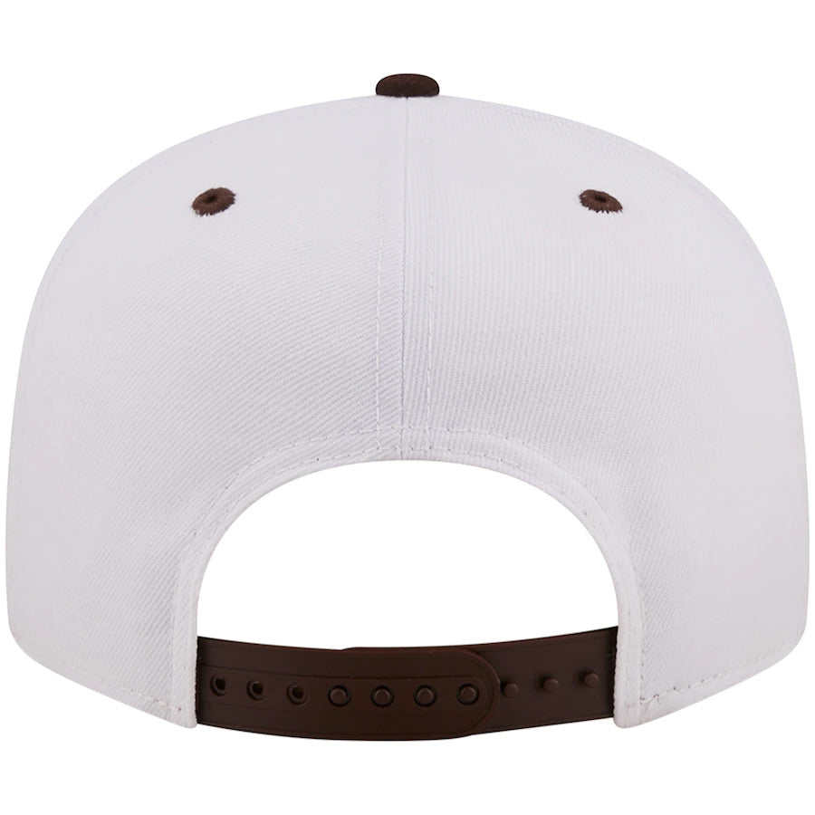 San Diego Padres New Era MLB 9FIFTY 950 Snapback Cap Hat White Crown Brown Visor Team Color Retro Tile Logo with Friar Side Patch
