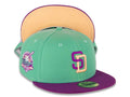 San Diego Padres New Era MLB 59FIFTY 5950 Fitted Cap Hat Clear Mint Crown Purple Visor Magenta/Orange Logo Rose Back 40th Anniversary Side Patch