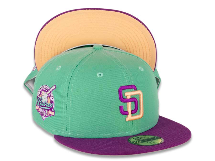 San Diego Padres New Era MLB 59FIFTY 5950 Fitted Cap Hat Clear Mint Crown Purple Visor Magenta/Orange Logo Rose Back 40th Anniversary Side Patch