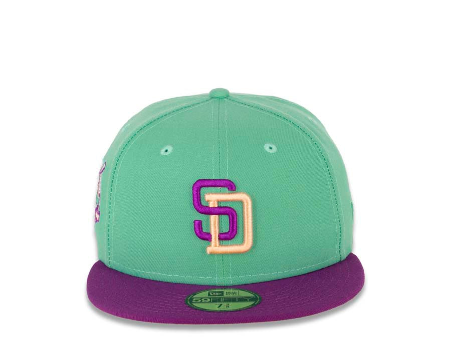 San Diego Padres New Era MLB 59FIFTY 5950 Fitted Cap Hat Clear Mint Crown Purple Visor Magenta/Orange Logo Rose Back 40th Anniversary Side Patch