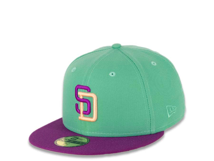 San Diego Padres New Era MLB 59FIFTY 5950 Fitted Cap Hat Clear Mint Crown Purple Visor Magenta/Orange Logo Rose Back 40th Anniversary Side Patch