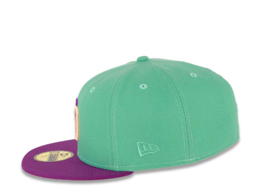 San Diego Padres New Era MLB 59FIFTY 5950 Fitted Cap Hat Clear Mint Crown Purple Visor Magenta/Orange Logo Rose Back 40th Anniversary Side Patch