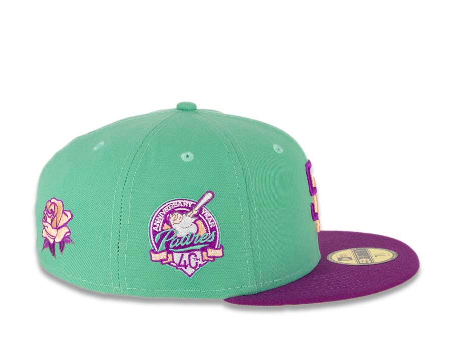 San Diego Padres New Era MLB 59FIFTY 5950 Fitted Cap Hat Clear Mint Crown Purple Visor Magenta/Orange Logo Rose Back 40th Anniversary Side Patch