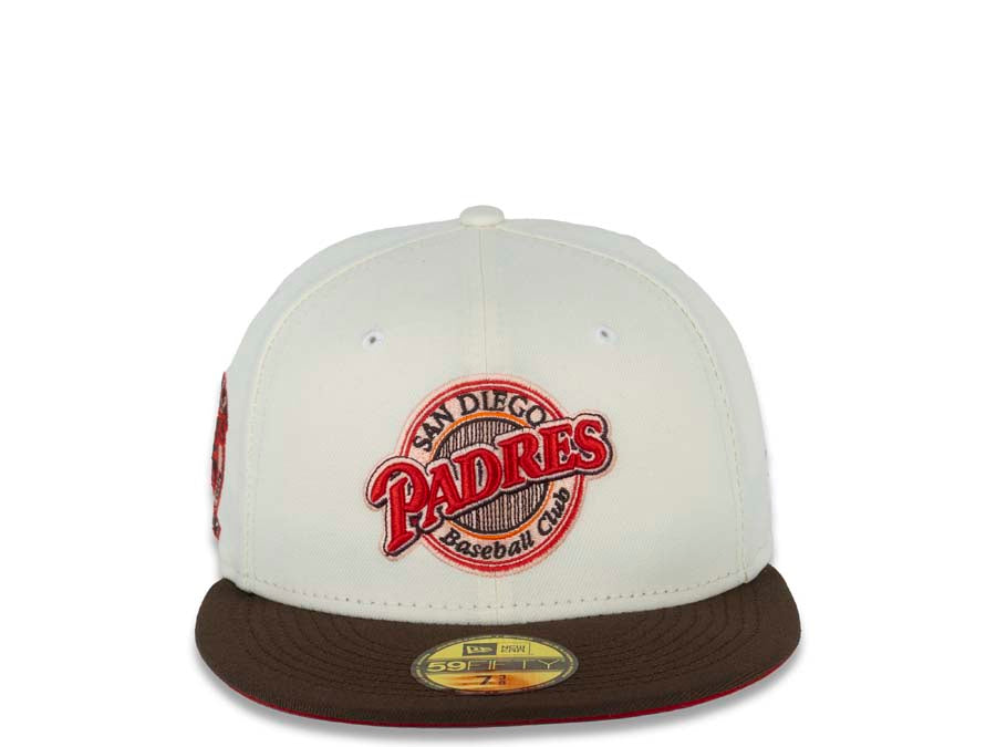 San Diego Padres New Era MLB 59FIFTY 5950 Fitted Cap Hat Cream Crown Brown Visor Red/Brown Baseball Club Retro Logo 25th Anniversary Side Patch