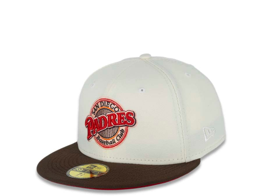 San Diego Padres New Era MLB 59FIFTY 5950 Fitted Cap Hat Cream Crown Brown Visor Red/Brown Baseball Club Retro Logo 25th Anniversary Side Patch