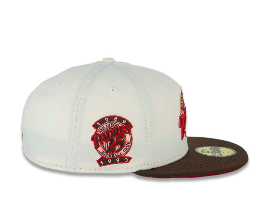 San Diego Padres New Era MLB 59FIFTY 5950 Fitted Cap Hat Cream Crown Brown Visor Red/Brown Baseball Club Retro Logo 25th Anniversary Side Patch