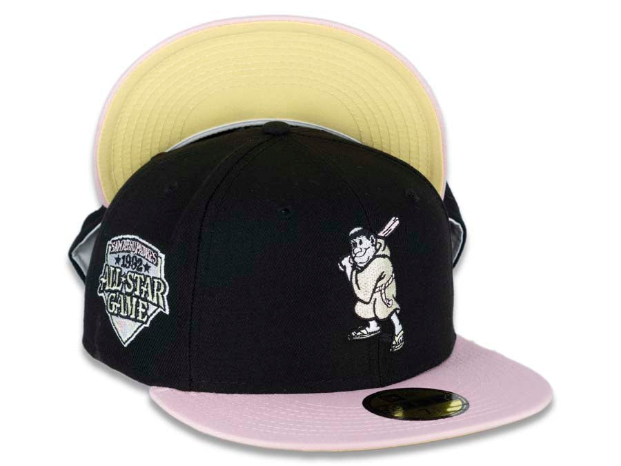 San Diego Padres New Era MLB 59FIFTY 5950 Fitted Cap Hat Black Crown Pink Visor Yellow “Batting Friar” Retro Logo 1992 All-Star Game Side Patch