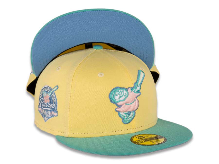 San Diego Padres New Era MLB 59FIFTY 5950 Fitted Cap Hat Soft Yellow Crown Clear Mint Visor Pink Swinging Friar Logo 40th Anniversary Side Patch