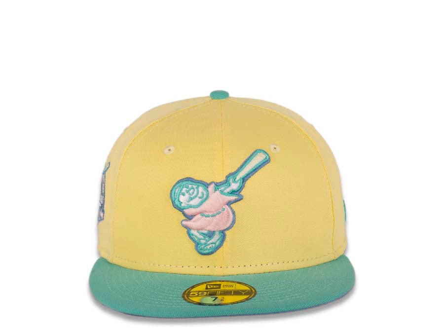 San Diego Padres New Era MLB 59FIFTY 5950 Fitted Cap Hat Soft Yellow Crown Clear Mint Visor Pink Swinging Friar Logo 40th Anniversary Side Patch