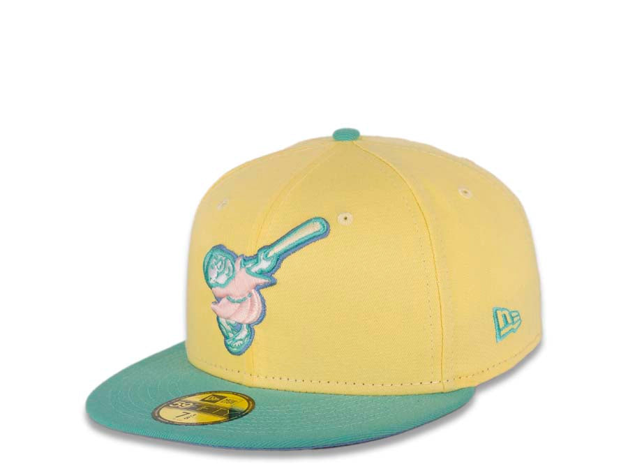 San Diego Padres New Era MLB 59FIFTY 5950 Fitted Cap Hat Soft Yellow Crown Clear Mint Visor Pink Swinging Friar Logo 40th Anniversary Side Patch